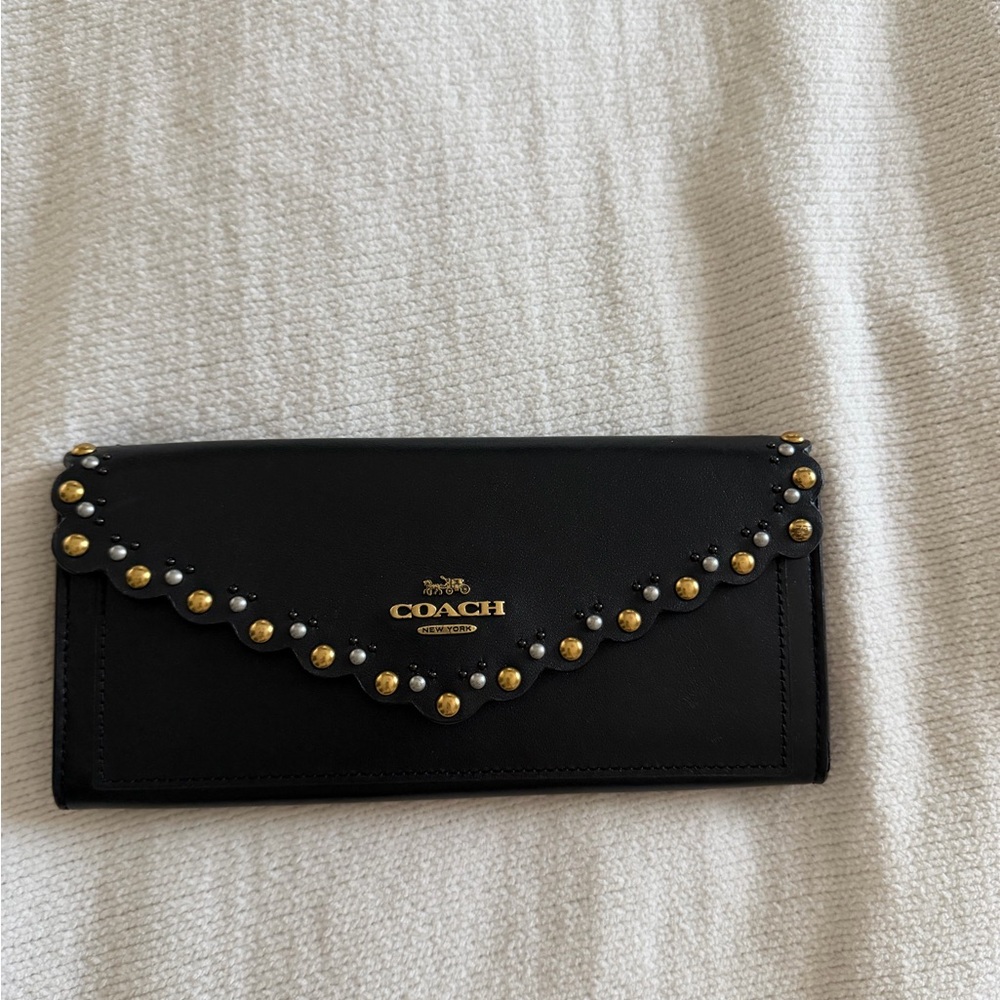 COACH Black Leather Scalloped Flap Wallet with Gold Studs